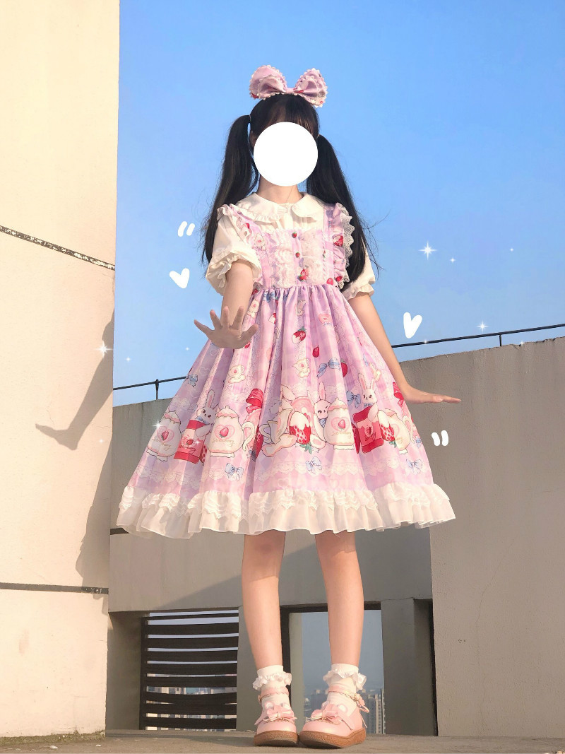 Tea Party Pattern Casual Lolita Dress with Big Hemline